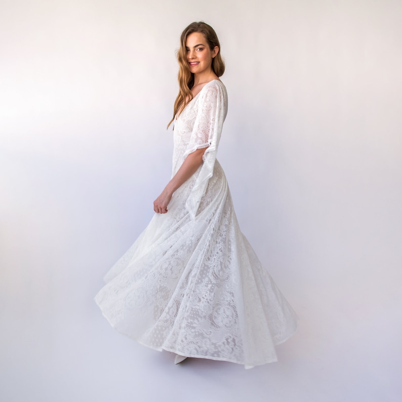 Bestseller Vintage Style Open Back, Deep V Neckline Angel Sleeves Bohemian Pearly White Wedding Dress 1468 image 3