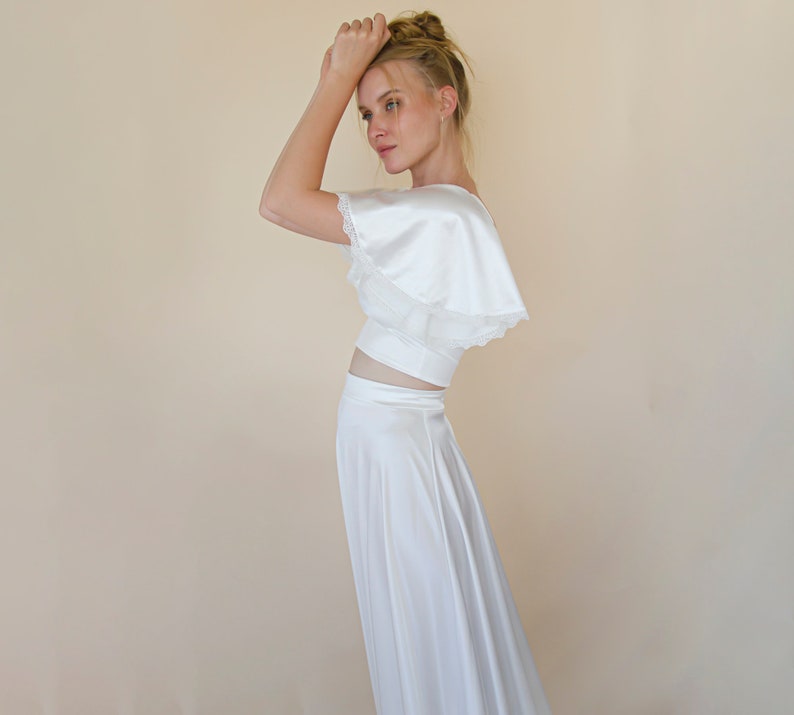 Two Piece wedding outfit, Silky Wedding Maxi Skirt and Silky Top with squire neckline 1354 image 2