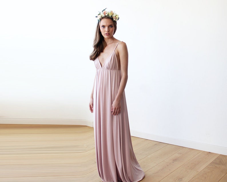 Maxi deep V-neck blush-pink dress Blush-Pink minimalist maxi dress 1093