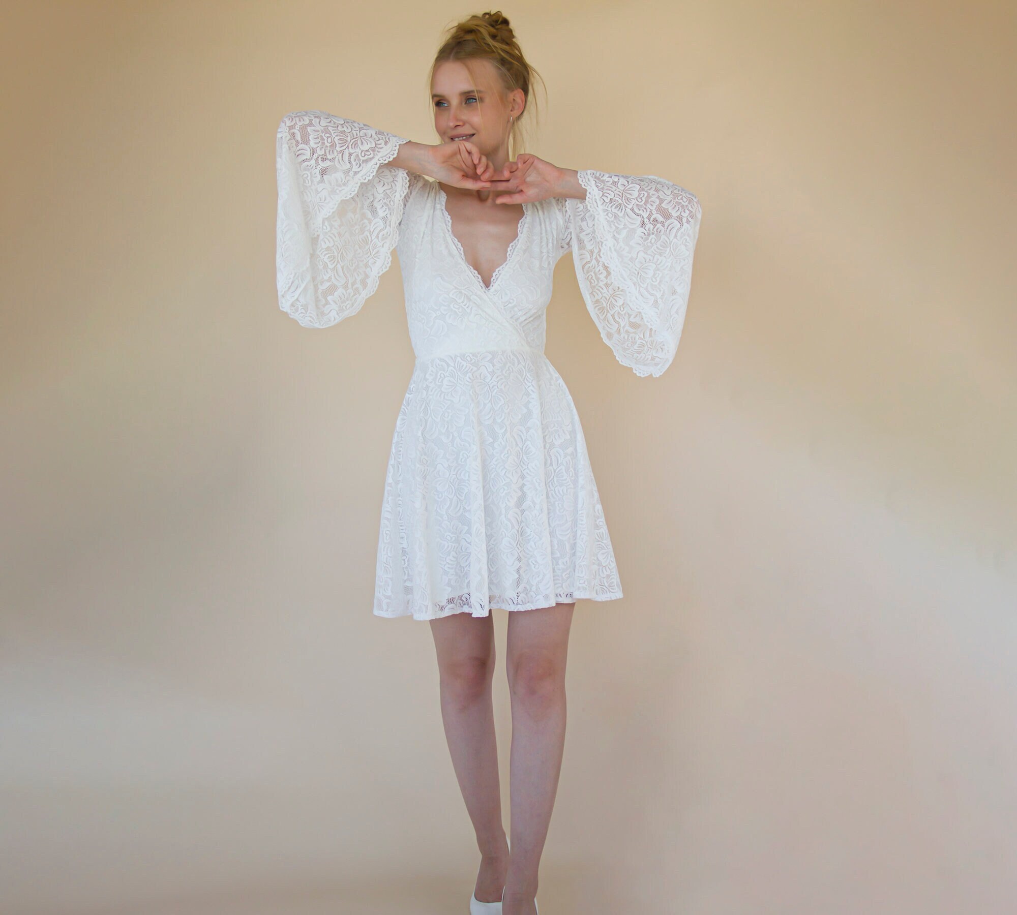 Ivory Lace Mini Wedding Dress: Long Bell Sleeves Ivory Lace Mini Wedding Dress: Long Bell Sleeves