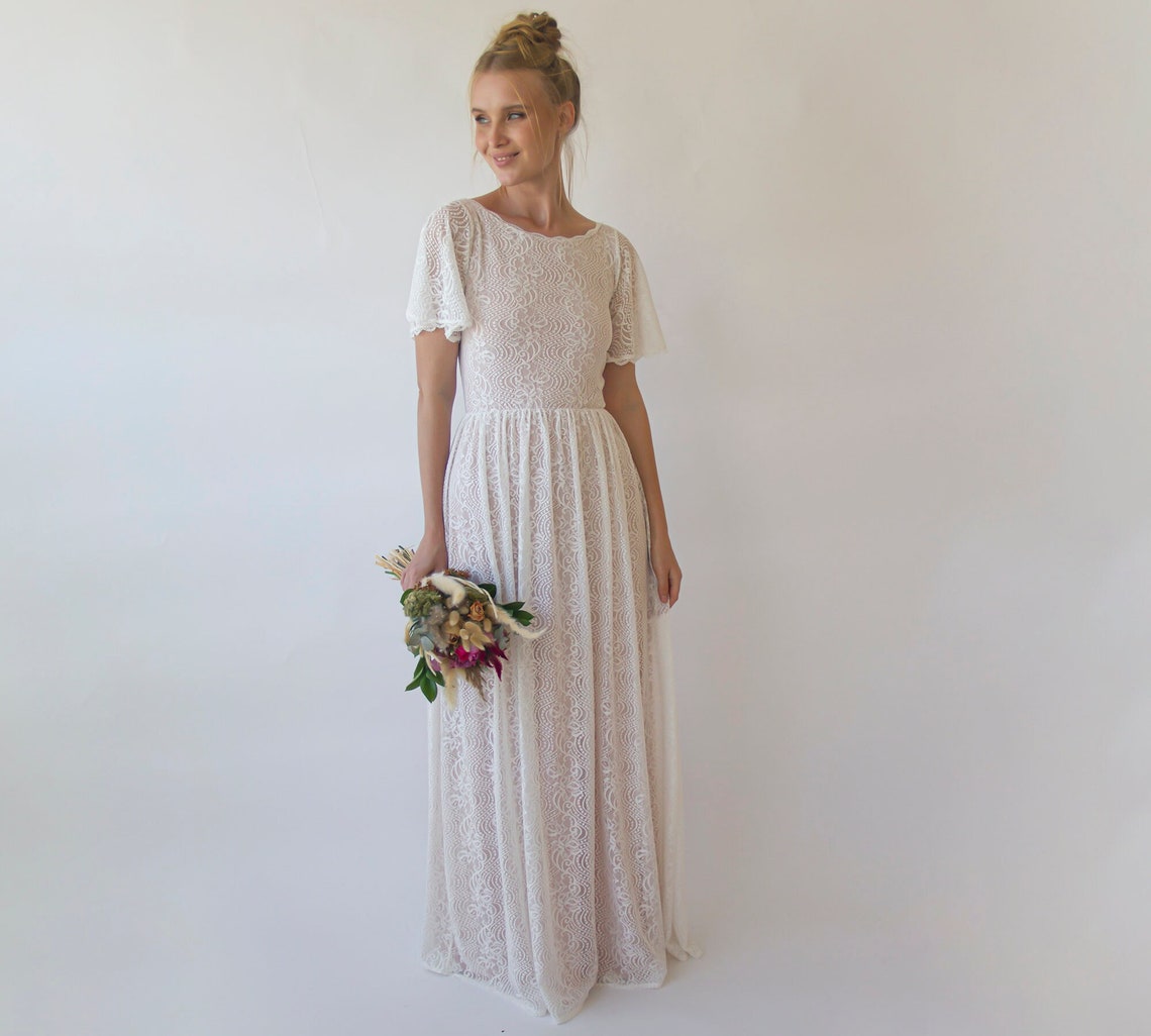 Vintage Lace Wedding Dress  Short Sleeves Modest Pearly image 1