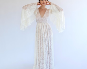 Boho Lace Bell Sleeve Wedding Dress: Deep V-Neck Blush Gown