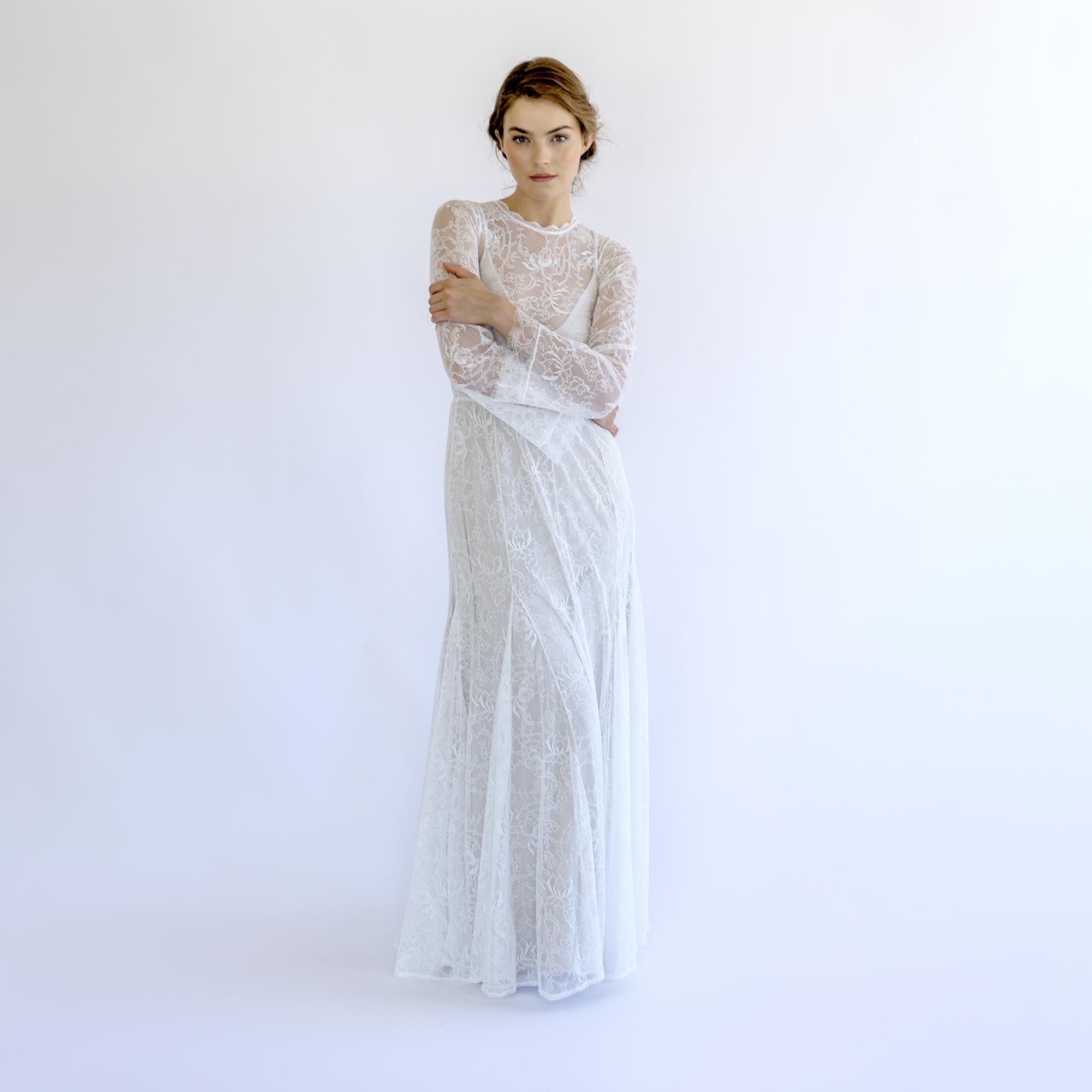 high neck sheer wedding dress Elegant Ivory High Neck Sheer Lace Long Sleeves Mermaid Wedding Dress with Veil SW662
