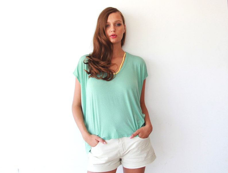 SALE Boxy summer minty top, Mint women blouse, Short sleeves top 2003 image 1