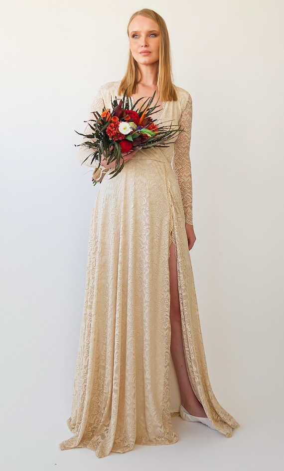 Long Sleeves Light Champagne Wrap Lace Maxi Dress With a Slit 1410