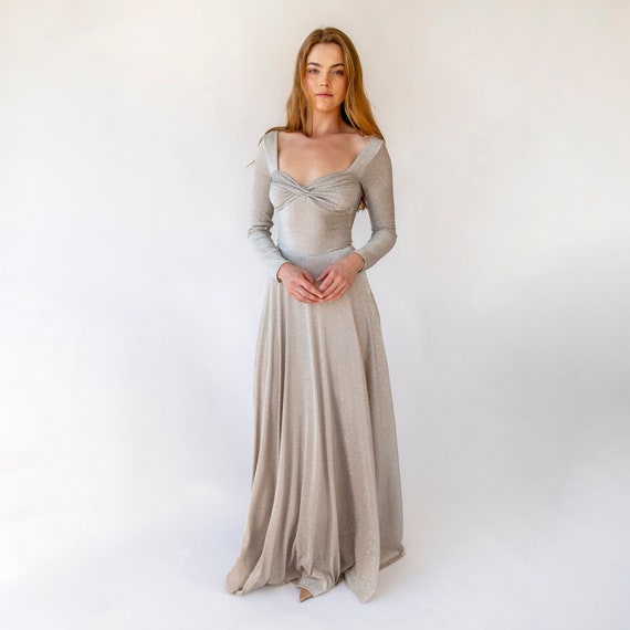 long sleeve silver bridesmaid dresses Silver Sequins Long Bridesmaid Dresses Ruffles Back