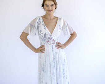Floral Embroidered Wedding Dress |  Boho V-Neck Bridal Gown with Sheer Flutter Sleeves #1469