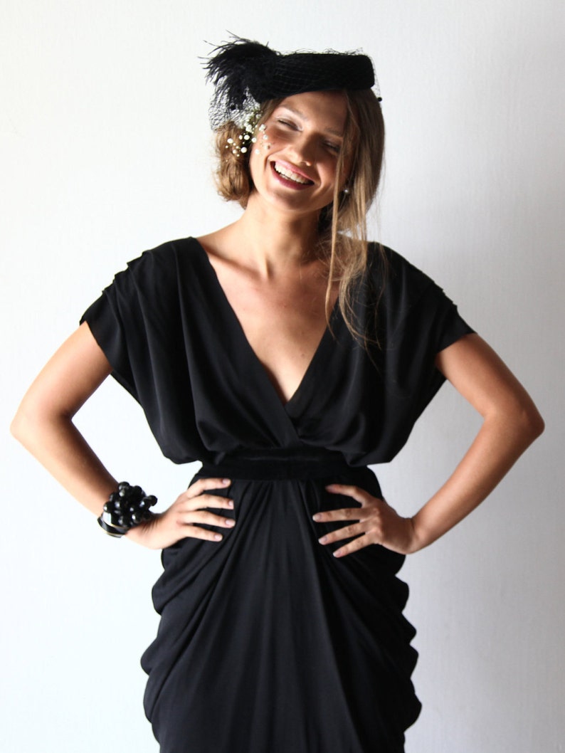 Black maxi bridesmaids dress, Gown with open back and short sleeves 1008 image 2