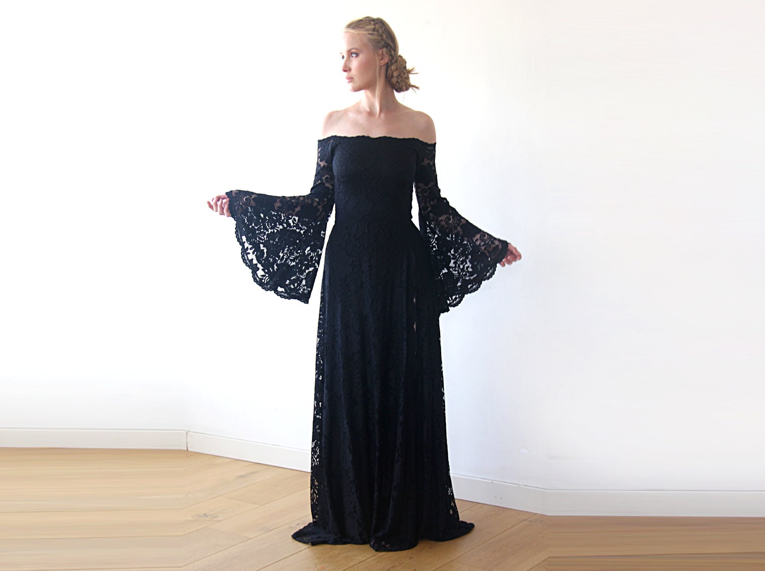 Off-shoulder Black Lace Dress: Long Bell Sleeves, Bohemian Formal Gown -  Etsy