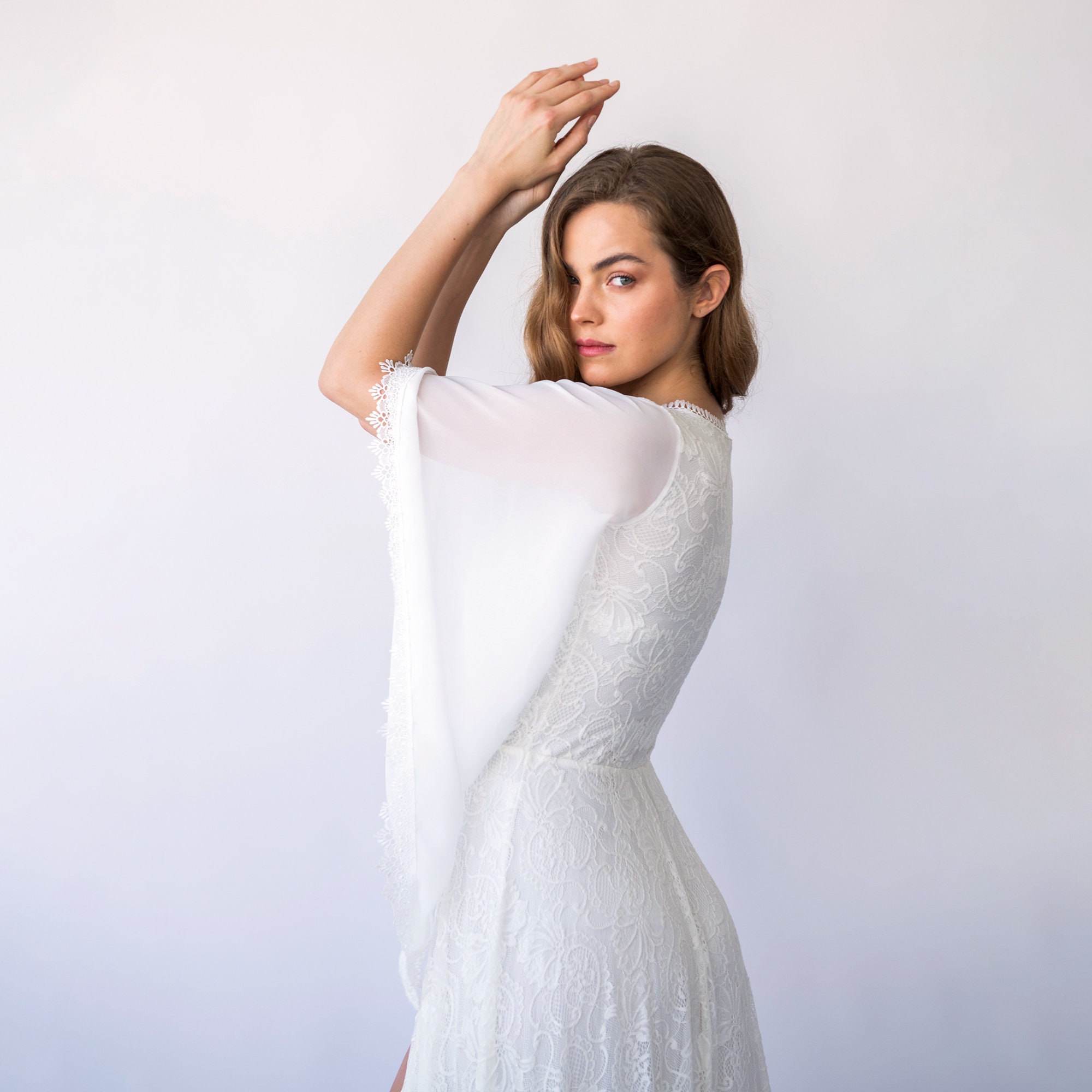 Lace Bohemian Wedding Dress: Chiffon Angel Sleeves