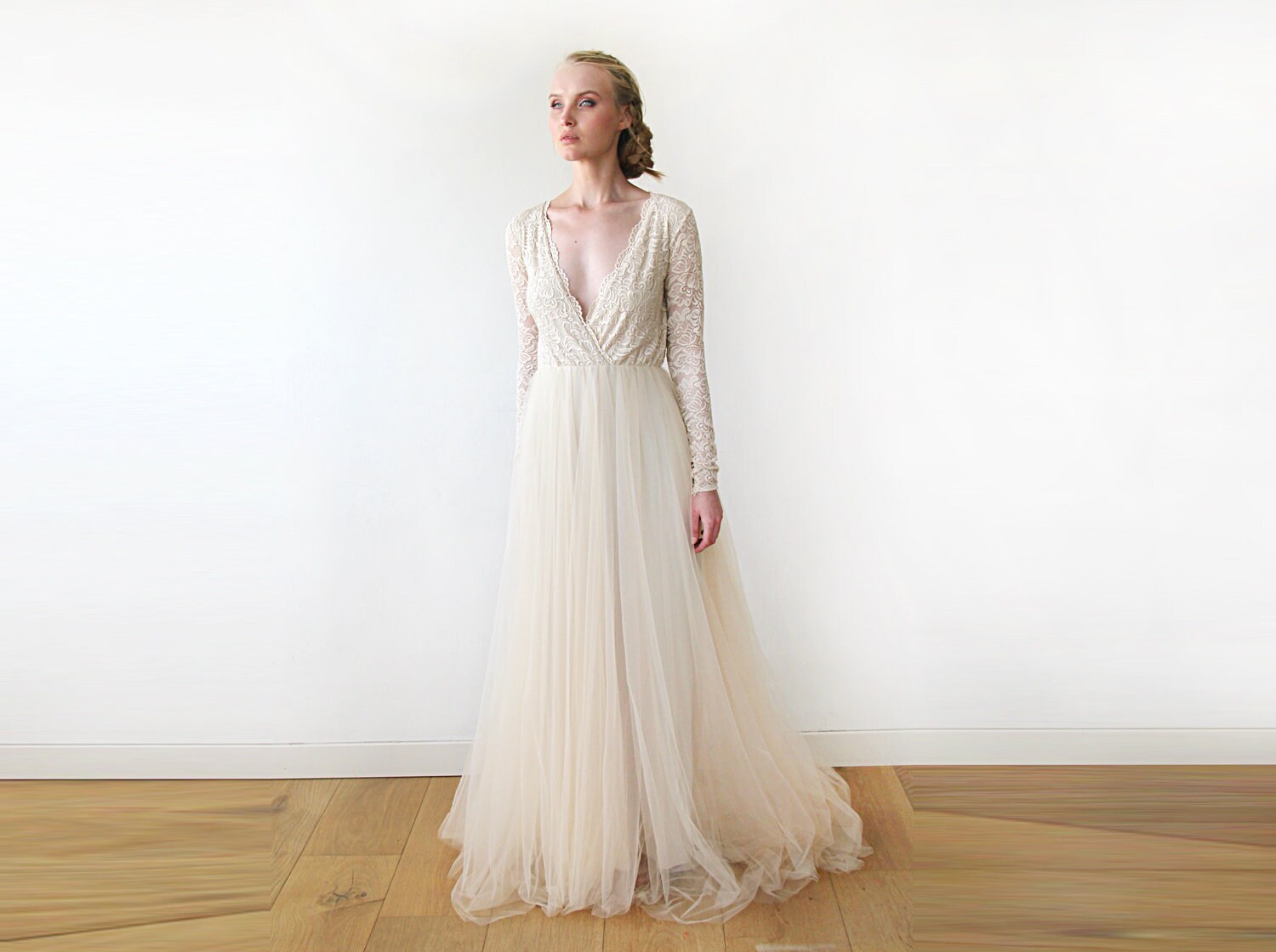 Light Blue Tulle and Lace Dress With Train ,pastel Wedding