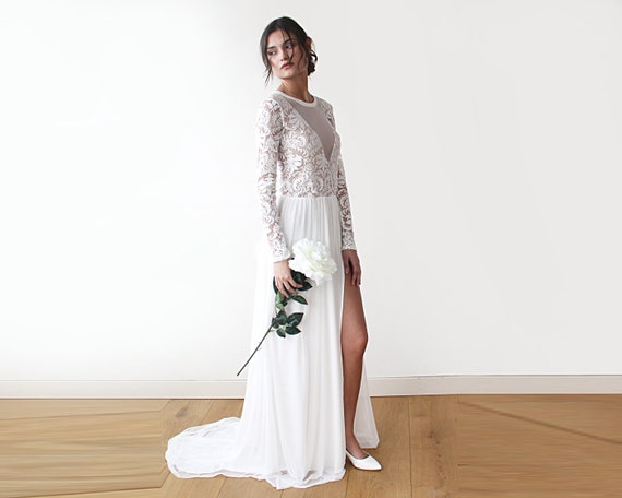 Semi Sheer Ivory Wedding dress with chiffon mesh skirt #1186