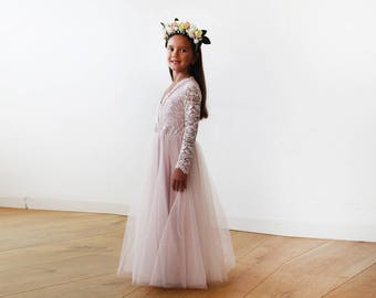 Tulle and lace long sleeves Pink Flower Girls Gown #5043