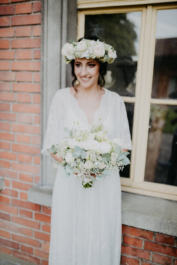 Floral Lace Ivory Sheer Dress With Train #1165 Floral Lace Ivory Sheer Dress With Train #1165