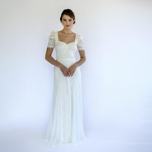 Vintage Lace Wedding Dress with Short Puff Sleeves | Sweetheart Neckline Bridal Gown | Romantic Boho Wedding Dress #1474