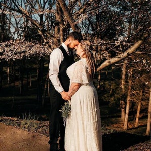 Gipsy layered Bohemian Skirt, Maxi lace wedding dress, Wrap neckline, Short Butterfly sleeves #1400