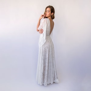 Bestseller Vintage Style Open Back, Deep V Neckline Angel Sleeves Bohemian Pearly White Wedding Dress 1468 image 7