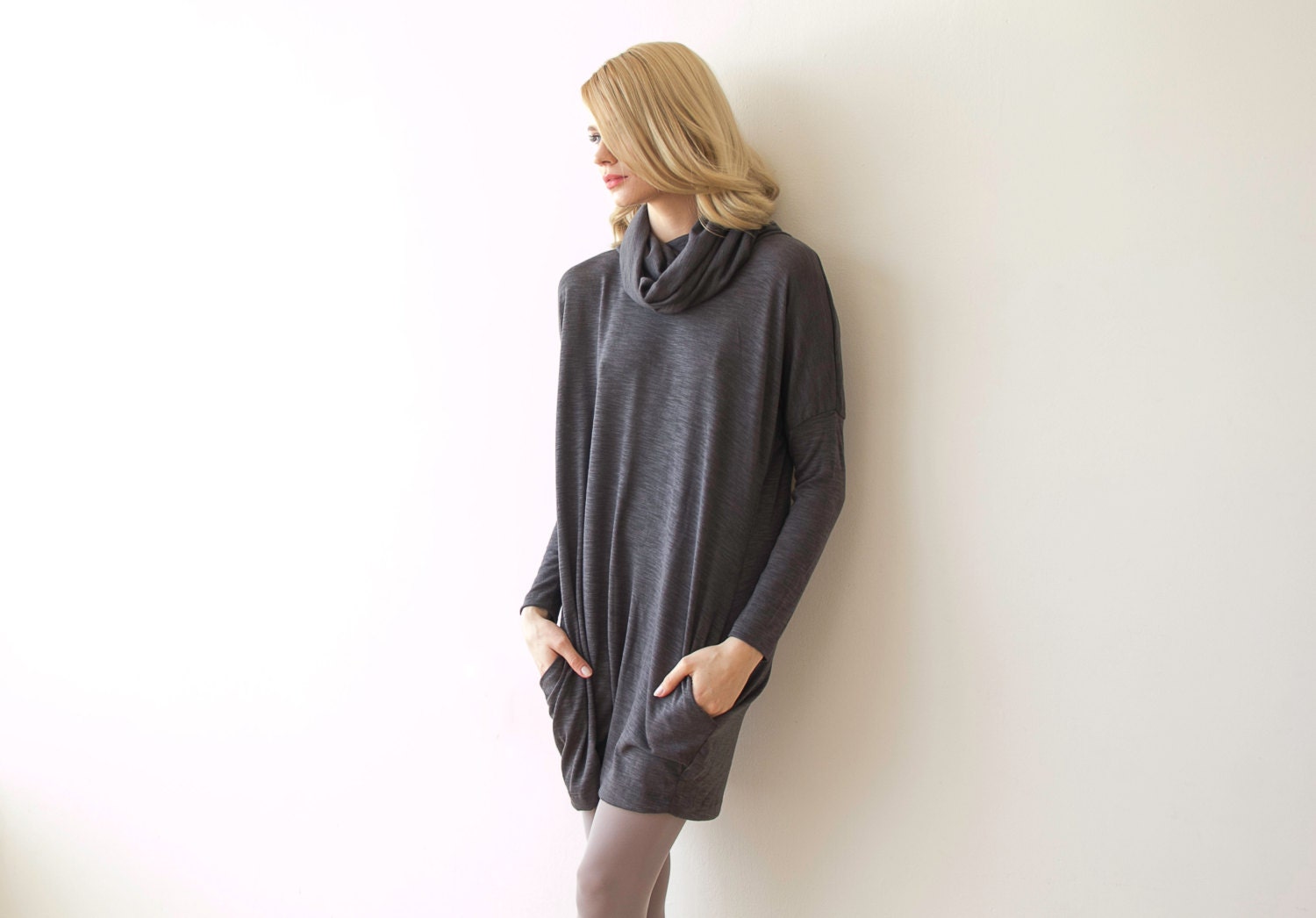 SALE Roll-neck Casual Short Knit Gray Dress With Long Sleeves  