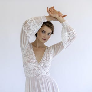 Boho Lace Wedding Dress | Long Sleeve Bridal Gown with Blush Lining and Deep V-Neck #1504