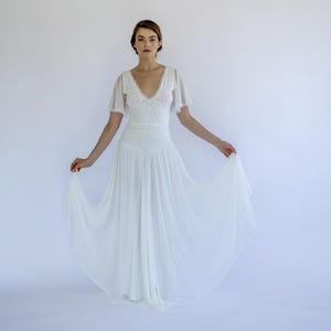 Romantic Boho Lace Wedding Dress with Flutter Sleeves | Ethereal Chiffon Skirt & V-Neck Bridal Gown | Vintage-Inspired Wedding Dress #1481