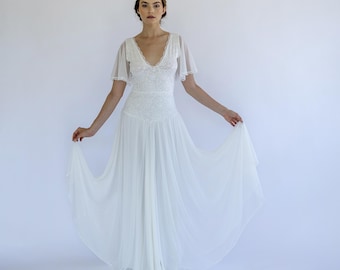 Vestido de novia romántico de encaje: falda de gasa bohemia, mangas con vuelo