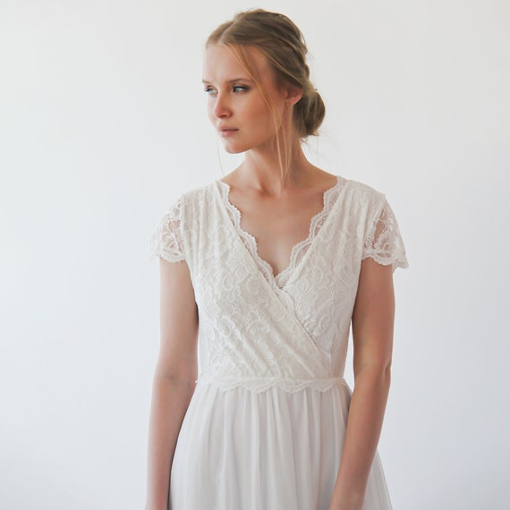 Ivory short cape sleeves lace wedding dress #1235