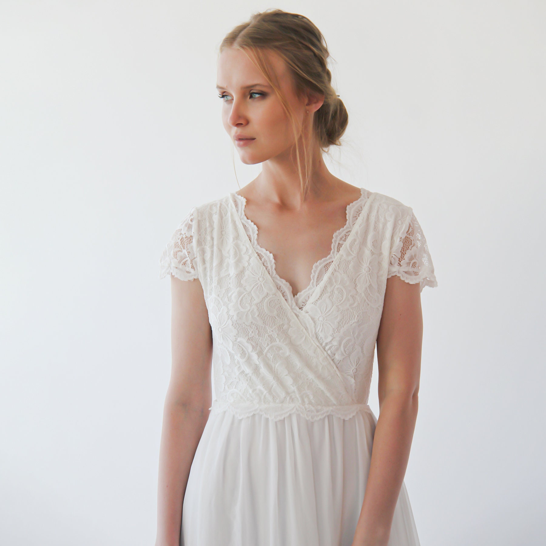 Ivory Short Cape Sleeves Lace Wedding Dress 1235 - Etsy Israel