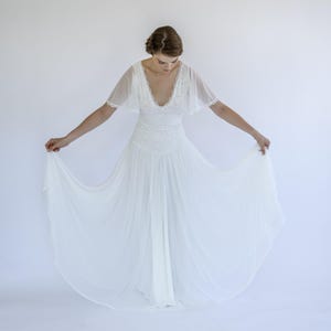 Romantic Boho Lace Wedding Dress with Flutter Sleeves | Ethereal Chiffon Skirt & V-Neck Bridal Gown | Vintage-Inspired Wedding Dress #1481