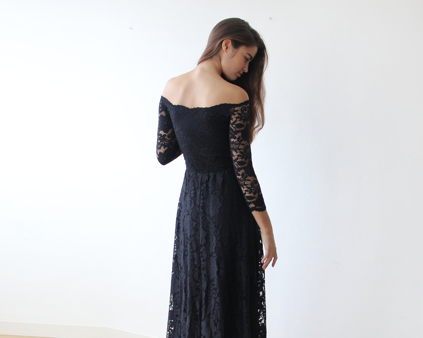 Black Floral Lace Maxi Dress: Off-the-Shoulder Bridal Gown