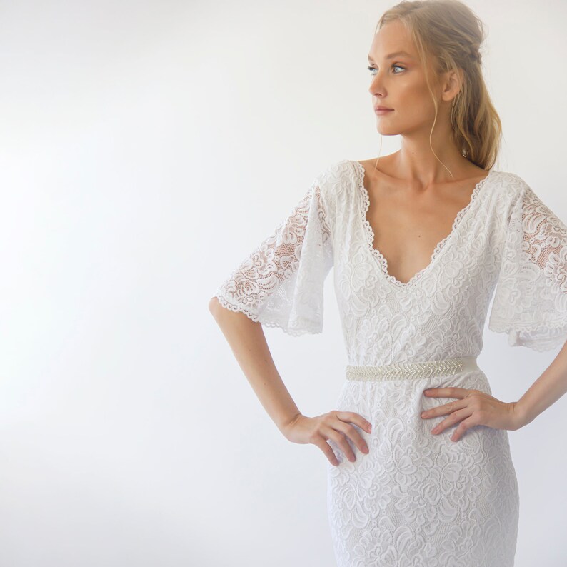 Elfenbein Boho Schmetterling Ärmel V Ausschnitt Brautkleid ...