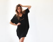 Oversize black tunic with pockets, Casual black knit dress, Beach cover up dress 1005.