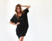 Oversize black tunic with pockets, Casual black knit dress, Beach cover up dress 1005.