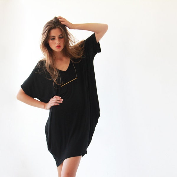 Oversize black tunic with pockets, Casual black knit dress, Beach cover up dress 1005.