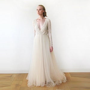 Champagne Tulle & Lace Wrap Train Dress #1164