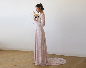 Baby Pink Wrap Dress with Train ,Pastel wedding dress #1151
