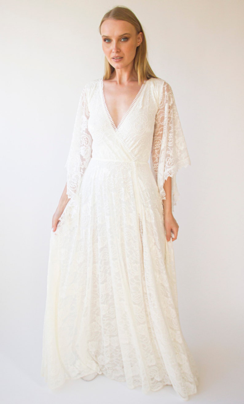 Angel Sleeves, Gipsy layered Bohemian Dress, Maxi lace wedding dress with a slit, Vintage style1406 image 4