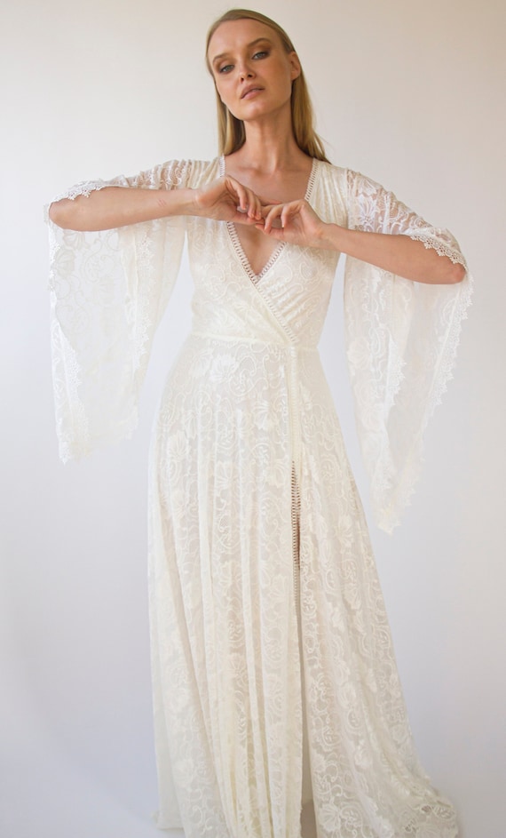 Manches ange robe boheme longue robe de mariee en dentelle avec fente style vintage 1406 Etsy Canada