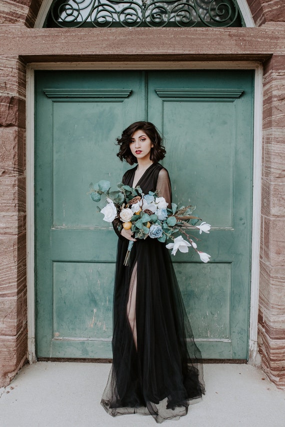 Black Tulle Gown: Long Sleeve Chiffon Wrap Bridesmaid Dress - Etsy