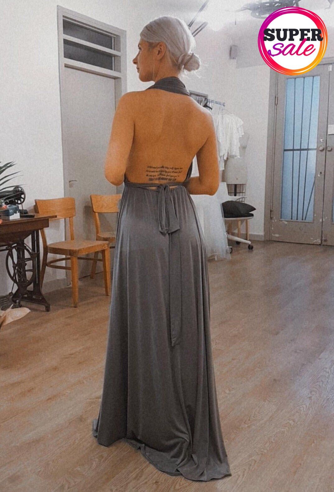 Halter Neck Grey Maxi Gown: Backless Formal Dress