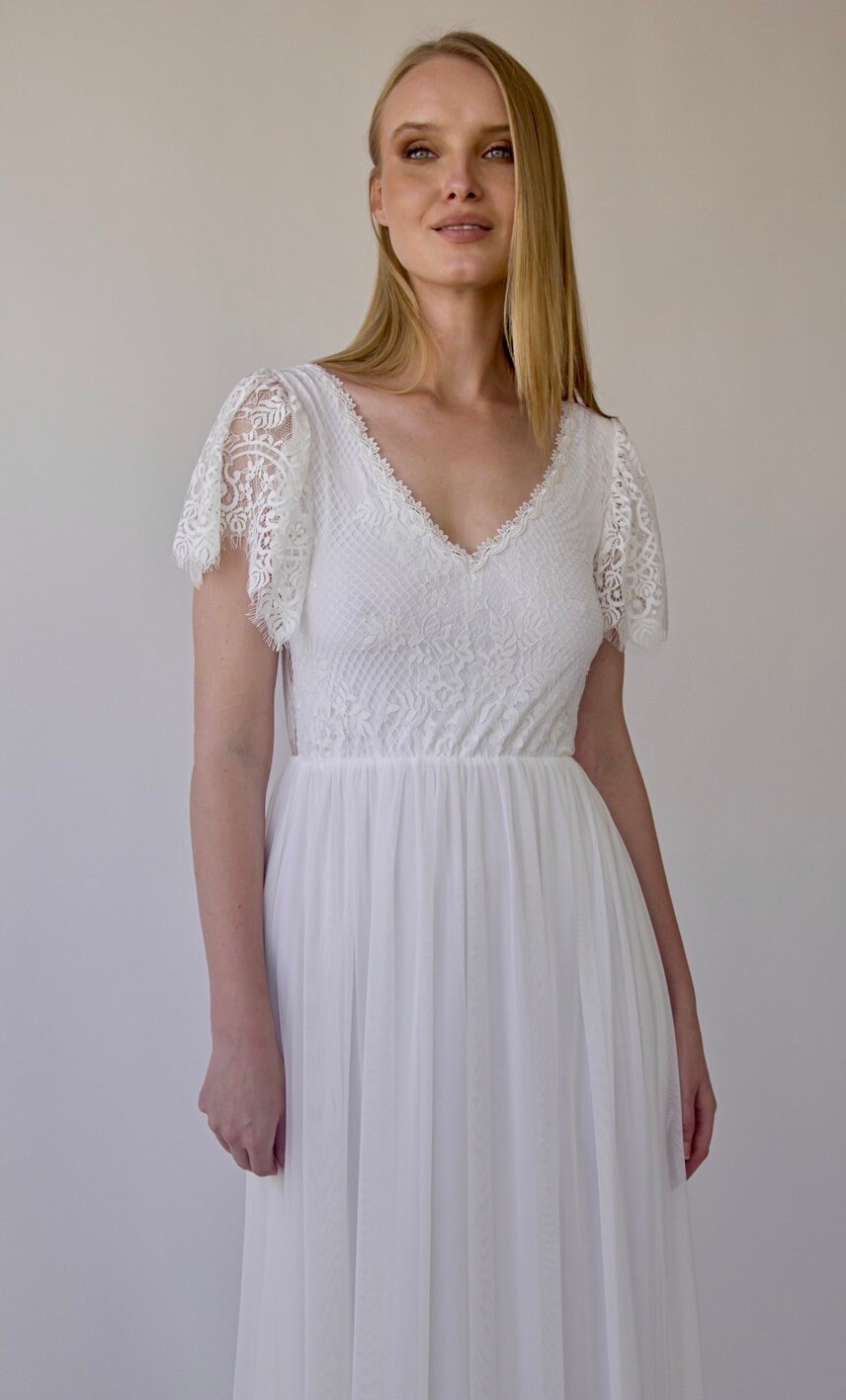 Ivory Vintage Lace Flutter Sleeves, Backless wedding dress, #1386