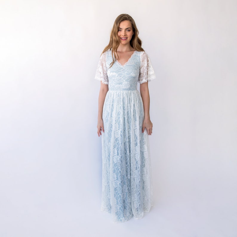 New Collection Light Blue Butterfly sleeves bohemian wedding dress 1428 image 3