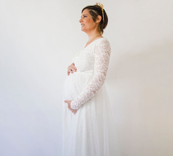Ivory Lace Maternity Wedding Dress: Long Sleeve Tulle Skirt Ivory Lace Maternity Wedding Dress: Long Sleeve Tulle Skirt