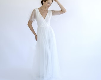 Ivory Pearl Tulle Wedding Dress: Boho Flutter Sleeve Gown