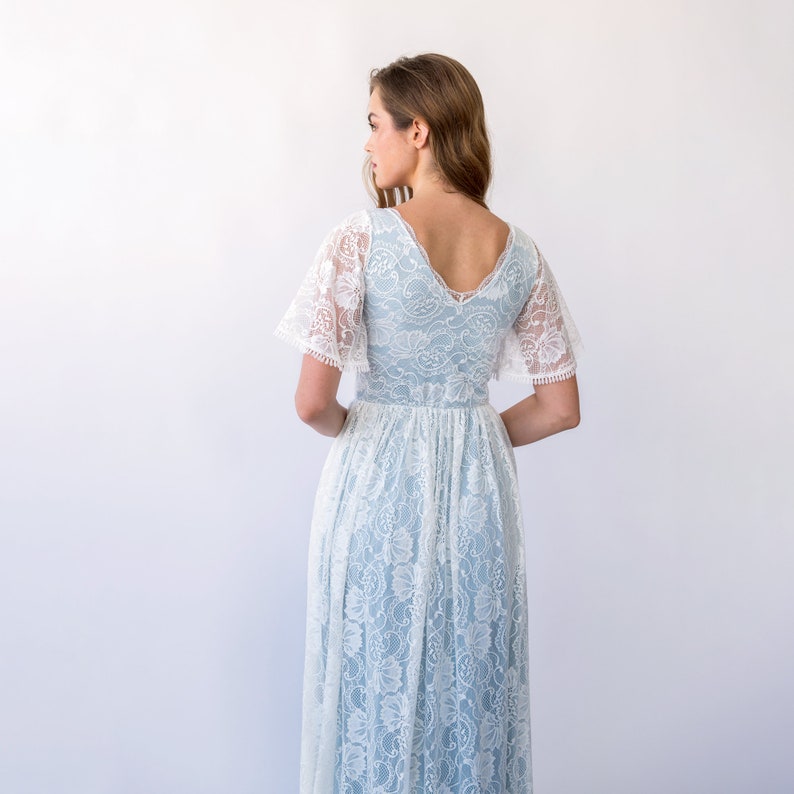 New Collection Light Blue Butterfly sleeves bohemian wedding dress 1428 image 9