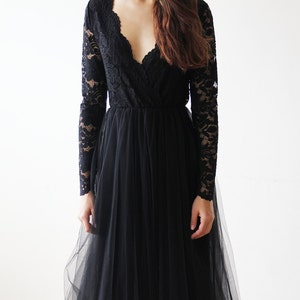 Black tulle and lace long sleeves gown, Tulle and lace black maxi dress 1125 image 3