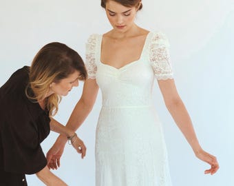 Vestido de novia de cola vintage con encaje y mangas cortas abullonadas / Vestido de novia con escote corazón / Vestido de novia bohemio romántico n.º 1495