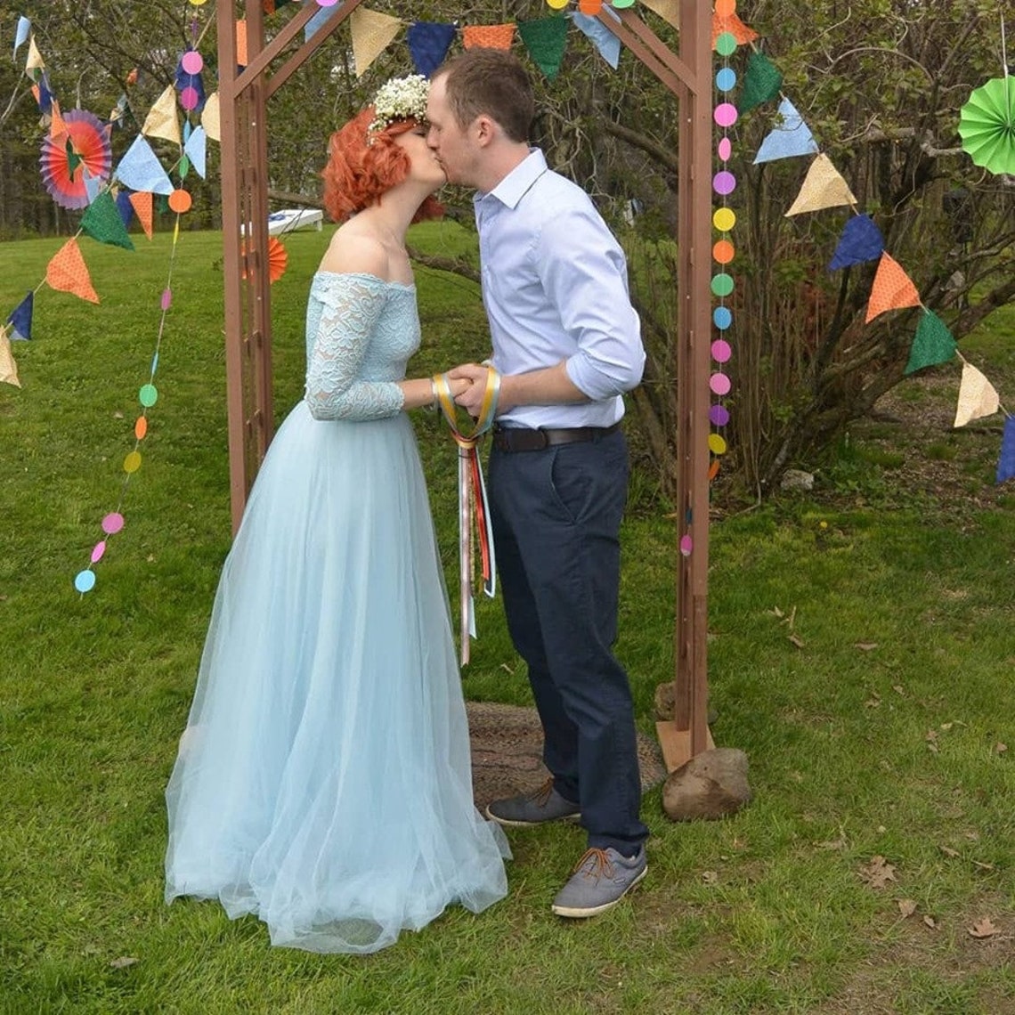 Light Blue Off-The-Shoulder Lace and Tulle gown Pastel image 1