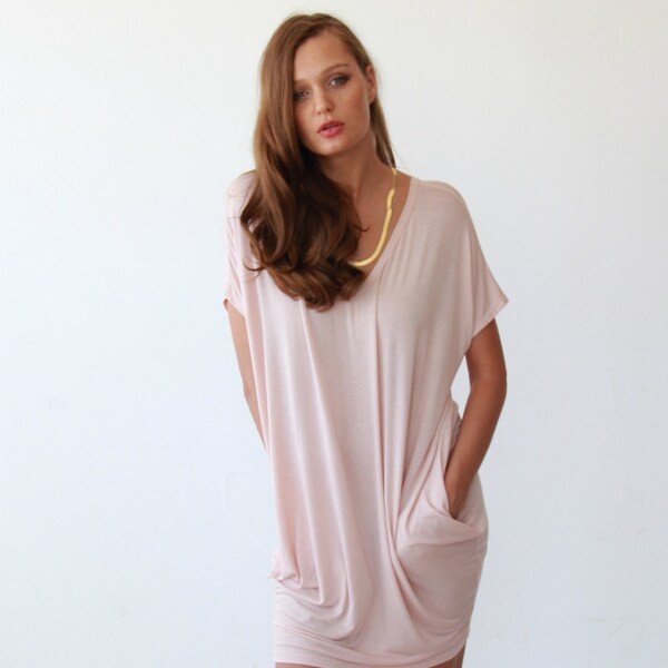 Oversize knit blush pink tunic, Casual pink knit dress 1006