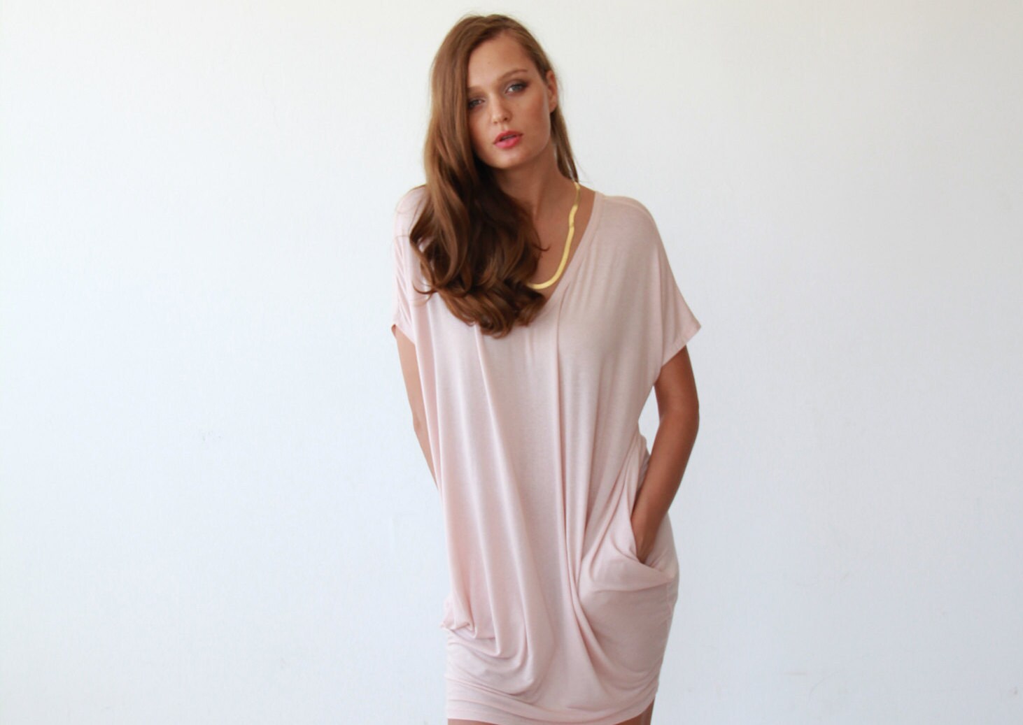 Oversize knit blush pink tunic Casual pink knit dress 1006