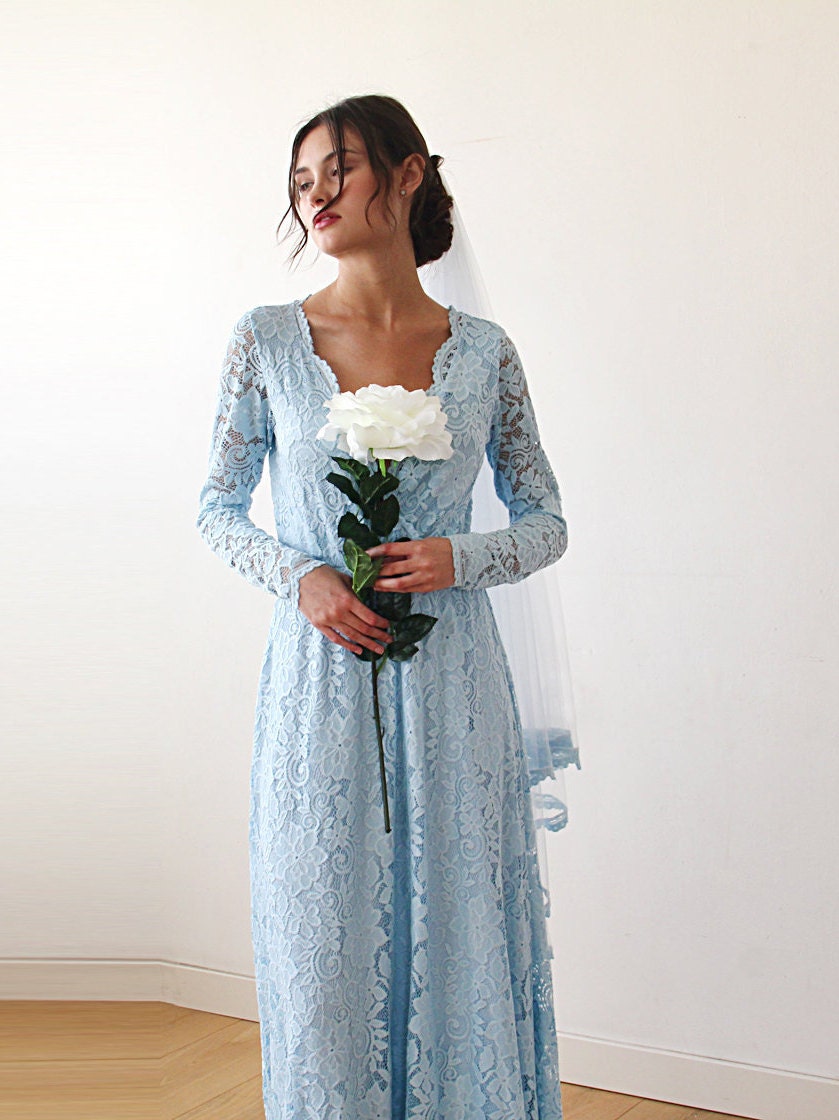 blue and lace wedding dress Mermaid Strapless Lace Prom Dress With Appliques, Sky Blue / 14